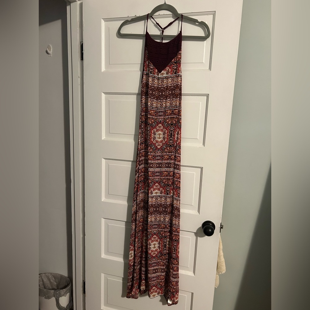 Alya Burgundy and Cream Patterned Maxi Dress